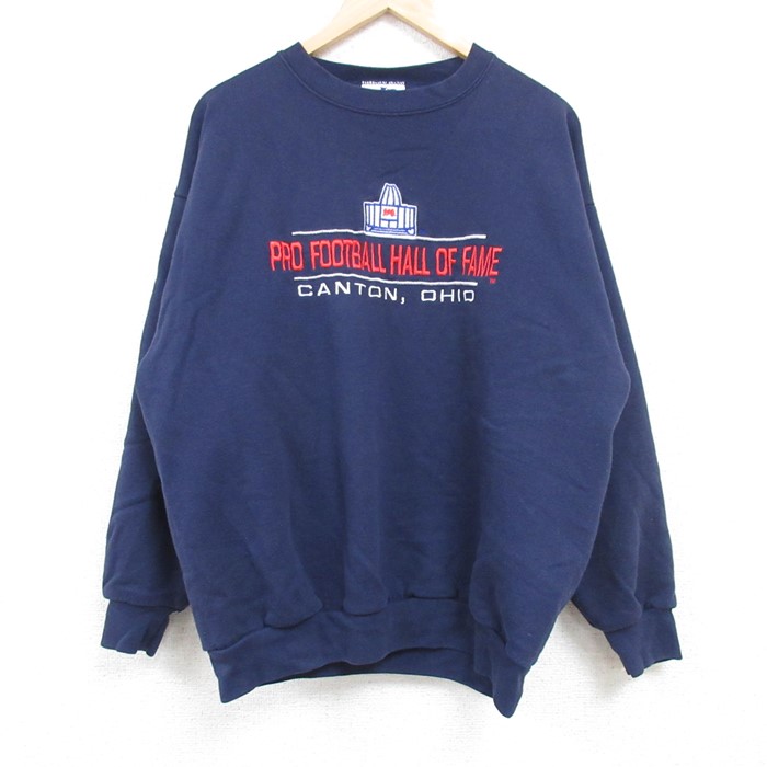 【50%OFF】XL★古着 長袖 スウェット メンズ 00年代 00s プロフットボール殿堂 刺繍 クルーネック 紺 ネイビー 24sep03 中古 スエット トレーナー トップス
