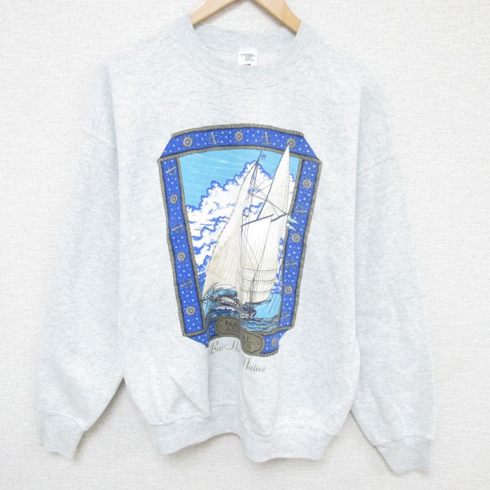 【50%OFF】L★古着 フルーツオブザルーム 長袖 スウェット メンズ 00年代 00s 船 クルーネック 薄グレー 霜降り 24sep04 中古 スエット トレーナー トップス