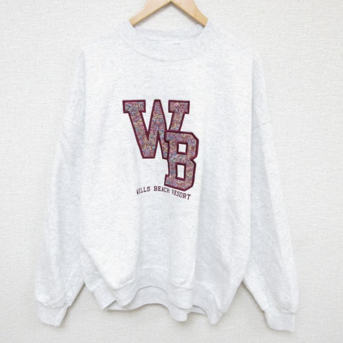 XL★古着 長袖 スウェット メンズ 00年代 00s WB ウェルズ ビーチ 刺繍 大きいサイズ クルーネック 薄グレー 霜降り 24sep04 中古 スエット トレーナー トップス