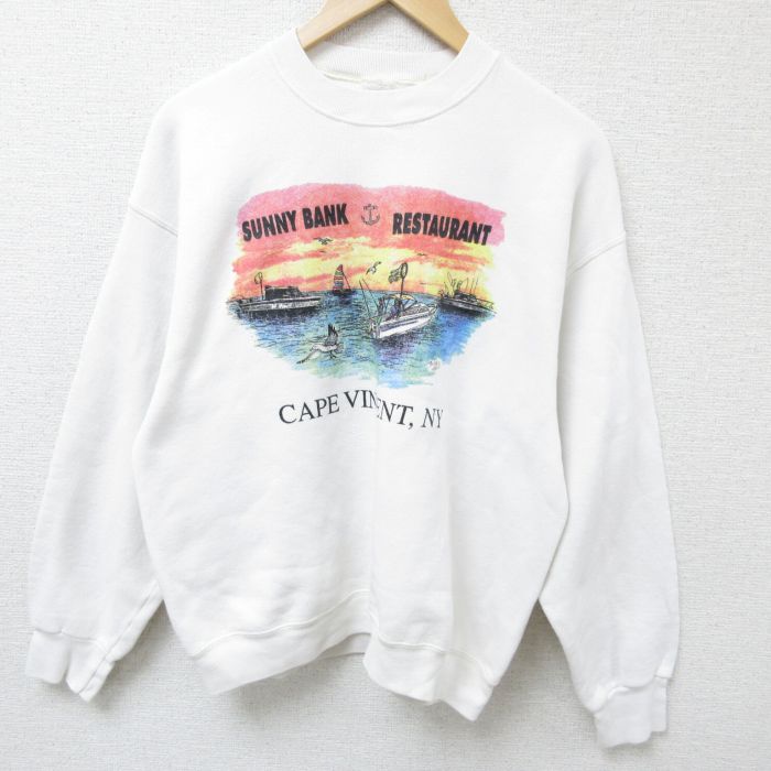 【50%OFF】L★古着 長袖 スウェット メンズ 00年代 00s 船 釣り クルーネック 白 ホワイト 24sep04 中古 スエット トレーナー トップス