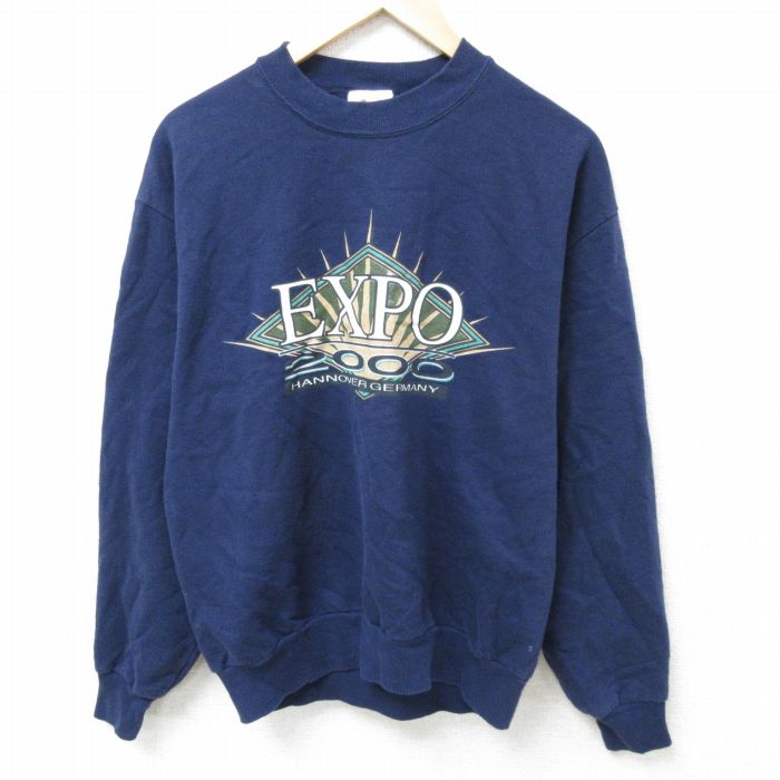 M★古着 長袖 スウェット メンズ 00年代 00s エキスポ 2000 ドイツ クルーネック 紺 ネイビー 24sep04 中古 スエット トレーナー トップス