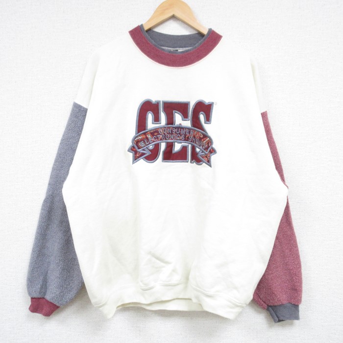 XL★古着 長袖 スウェット メンズ 90年代 90s CES マルチカラー クルーネック USA製 白他 ホワイト 24sep05 中古 スエット トレーナー トップス