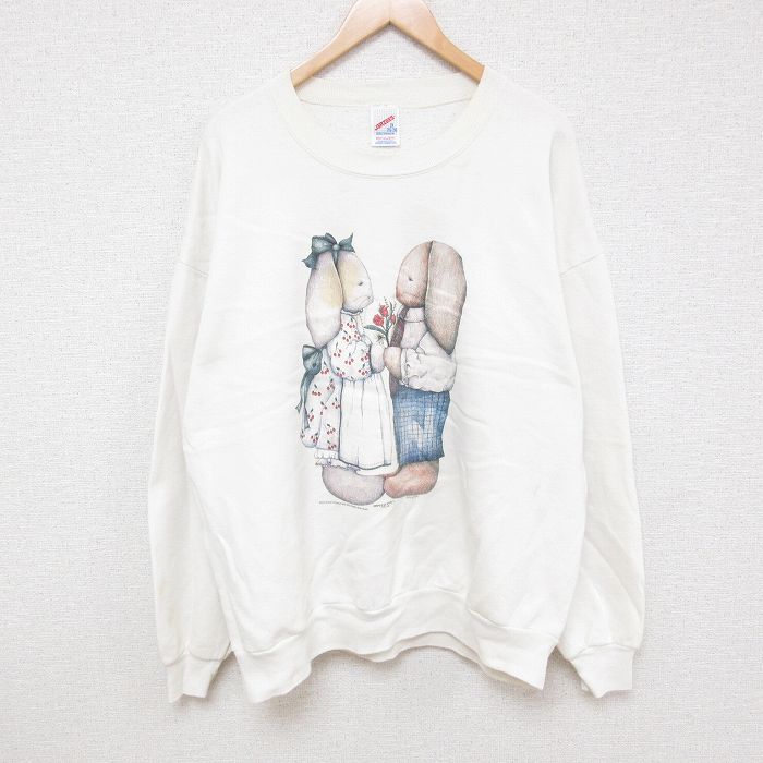 【50%OFF】XL★古着 ジャージーズ 長袖 スウェット メンズ 00年代 00s ウサギ 花 大きいサイズ クルーネック USA製 白 ホワイト 24sep05 中古 スエット トレーナー トップス