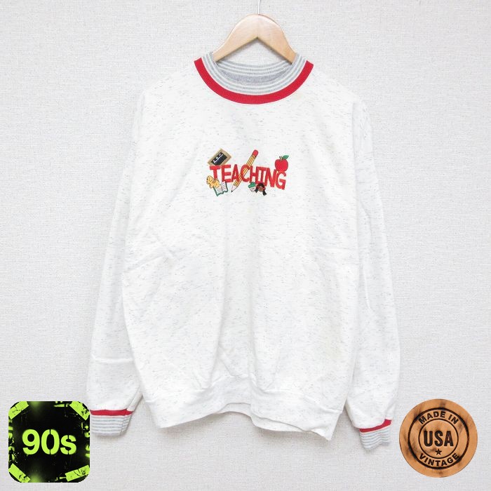 90s 長袖スウェット 刺繍 ホワイト L | 古着