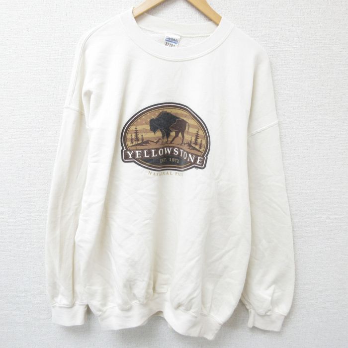 XL★古着 長袖 スウェット メンズ 00年代 00s イエローストーン国立公園 大きいサイズ クルーネック 白 ホワイト 24sep05 中古 スエット トレーナー トップス