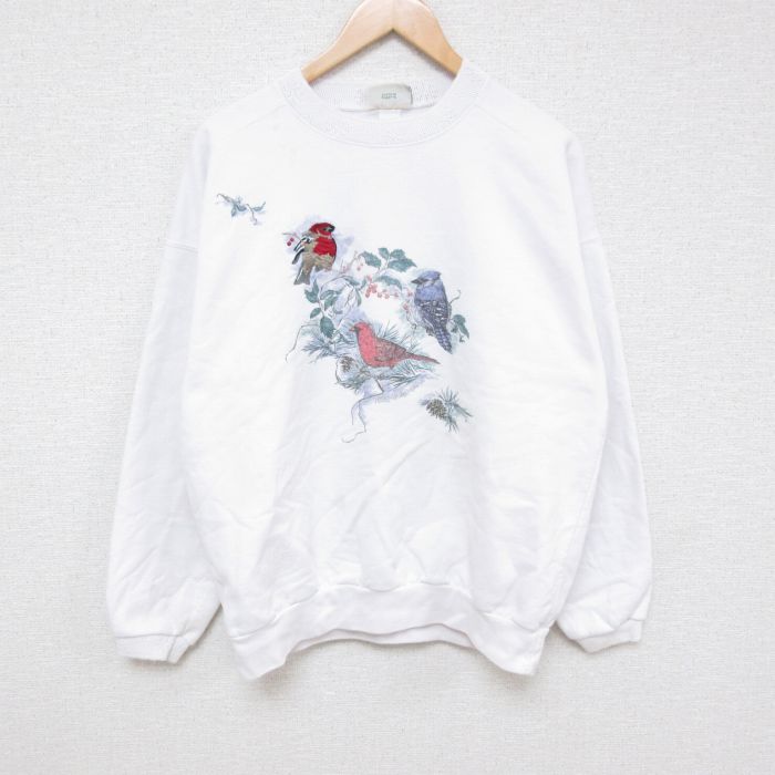 XL★古着 長袖 スウェット メンズ 00年代 00s 鳥 刺繍 クルーネック 白 ホワイト 24sep06 中古 スエット トレーナー トップス