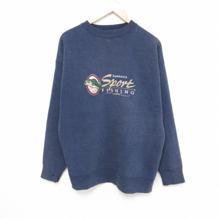90s 長袖スウェット 魚刺繍 ネイビー L | 古着