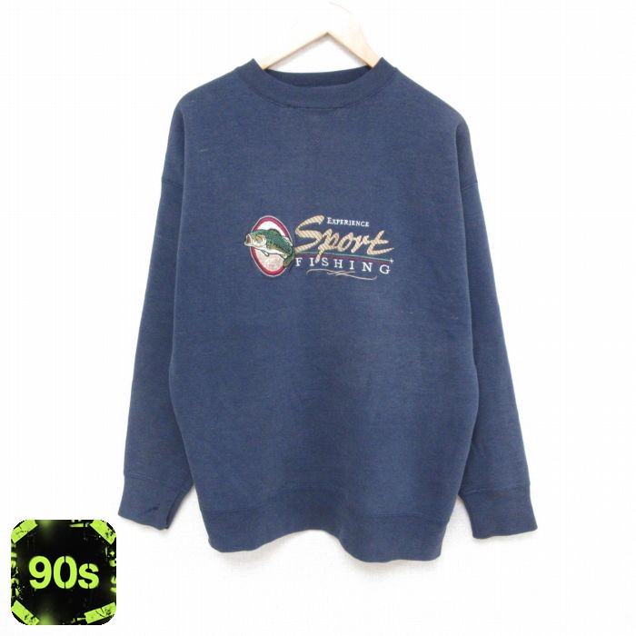 90s 長袖スウェット 魚刺繍 ネイビー L | 古着