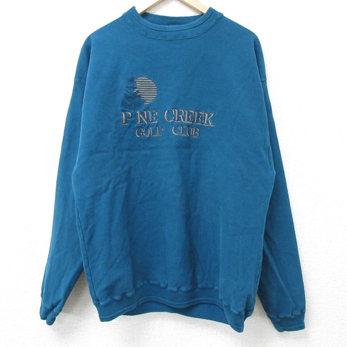 L★古着 長袖 スウェット メンズ 90年代 90s ゴルフ 刺繍 クルーネック USA製 青緑 24sep07 中古 スエット トレーナー トップス