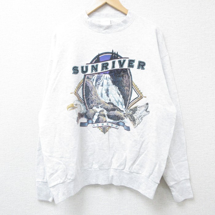 XL★古着 長袖 スウェット メンズ 90年代 90s サンリバー 川 クルーネック USA製 薄グレー 霜降り 24sep07 中古 スエット トレーナー トップス