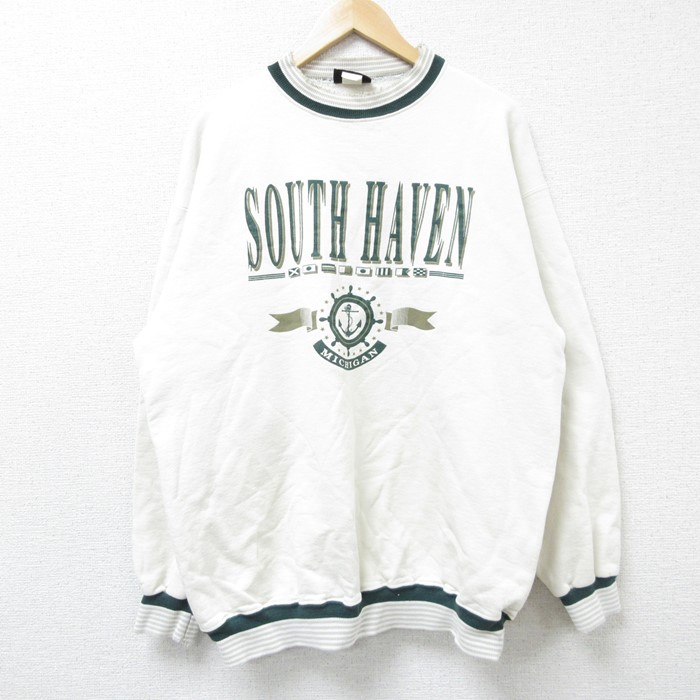 【50%OFF】XL★古着 長袖 スウェット メンズ 90年代 90s サウスヘブン イカリ クルーネック USA製 白 ホワイト 24sep07 中古 スエット トレーナー トップス