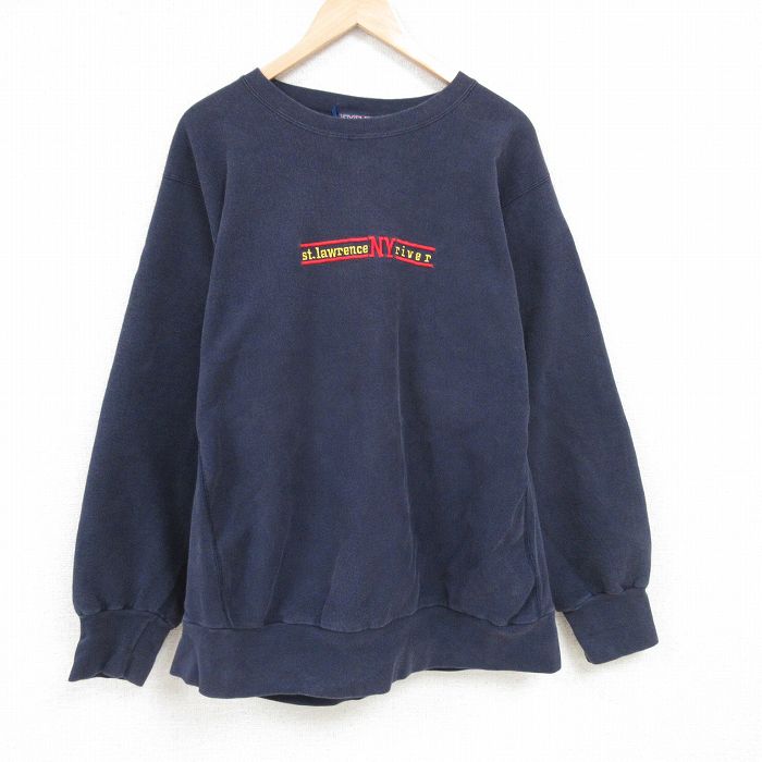 XL★古着 MVスポーツ 長袖 スウェット メンズ 00年代 00s セントローレンス川 刺繍 大きいサイズ クルーネック 紺 ネイビー 24sep07 中古 スエット トレーナー トップス