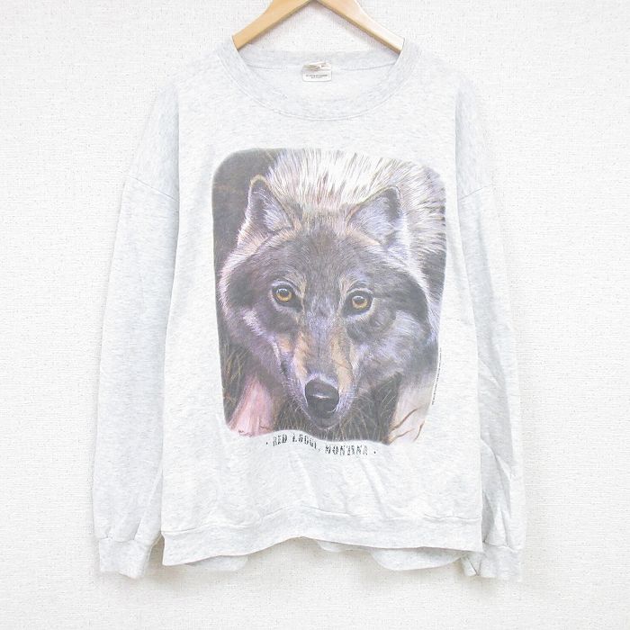 XL★古着 長袖 スウェット メンズ 80年代 80s オオカミ 大きいサイズ クルーネック USA製 薄グレー 霜降り 24sep07 中古 スエット トレーナー トップス