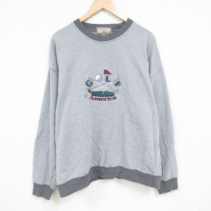 【50%OFF】XL★古着 長袖 スウェット メンズ ゴルフ 刺繍 大きいサイズ クルーネック グレー 霜降り 24sep07 中古 スエット トレーナー トップス