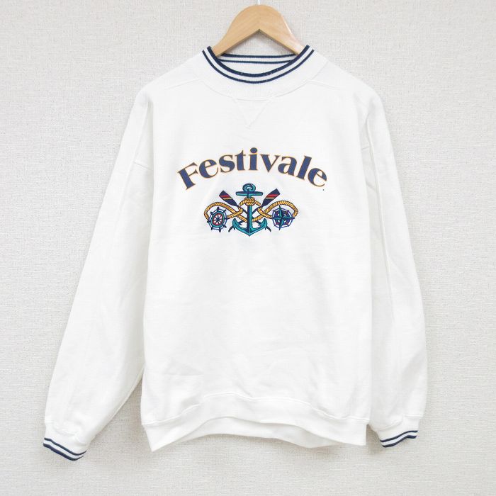 90s ラグラン長袖スウェット イカリ刺繍 ホワイト XL | 古着
