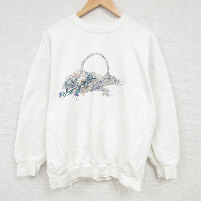 XL★古着 長袖 スウェット メンズ 00年代 00s 花 刺繍 クルーネック 白 ホワイト 24sep11 中古 スエット トレーナー トップス