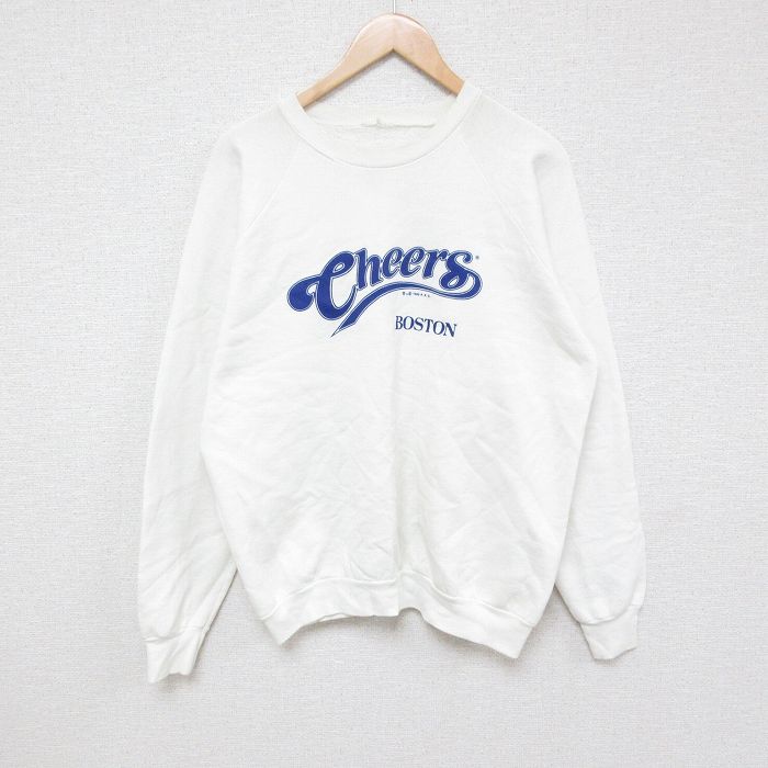 【50%OFF】L★古着 長袖 スウェット メンズ 90年代 90s Cheers ボストン ラグラン クルーネック 白 ホワイト 24sep09 中古 スエット トレーナー トップス