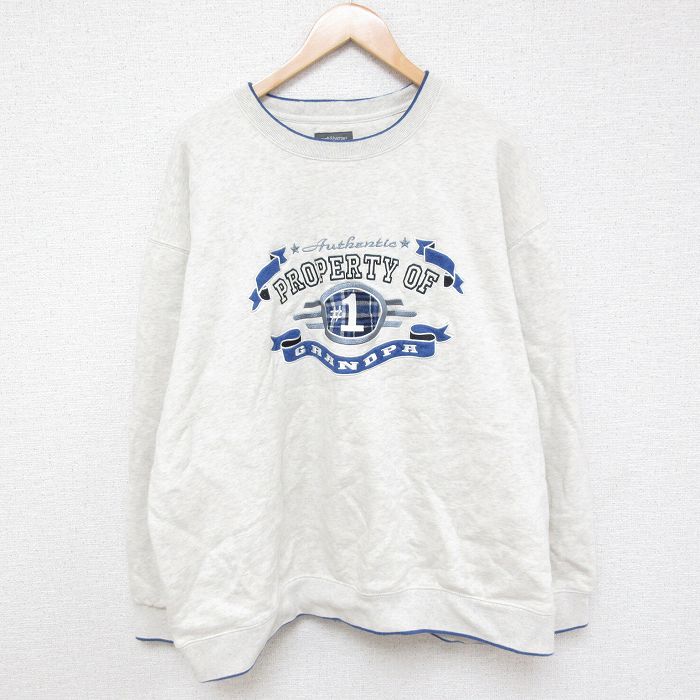 XL★古着 長袖 スウェット メンズ GRANDPA 刺繍 大きいサイズ クルーネック 薄グレー 霜降り 24sep09 中古 スエット トレーナー トップス