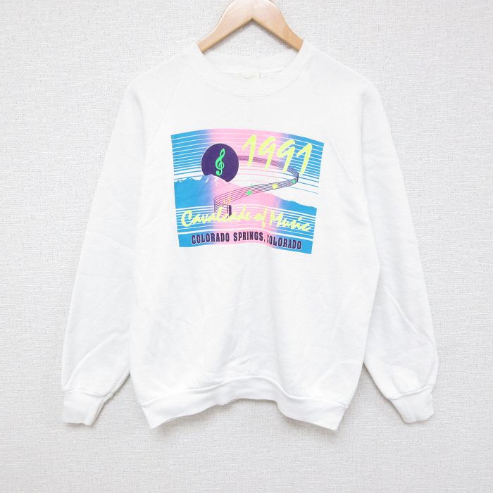 M★古着 フルーツオブザルーム 長袖 スウェット メンズ 90年代 90s 音符 コロラド ラグラン クルーネック 白 ホワイト 24sep09 中古 スエット トレーナー トップス