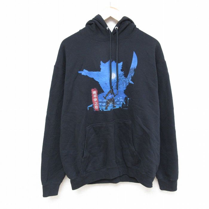 【50%OFF】L★古着 長袖 スウェット パーカー メンズ アニメ 鬼滅の刃 嘴平伊之助 黒 ブラック 24sep09 中古 スエット トレーナー トップス