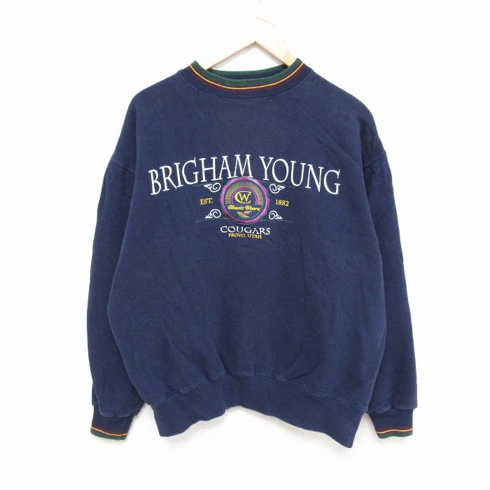 【50%OFF】L★古着 長袖 スウェット メンズ 00年代 00s BRIGHAM YOUNG クルーネック 紺 ネイビー 24sep10 中古 スエット トレーナー トップス
