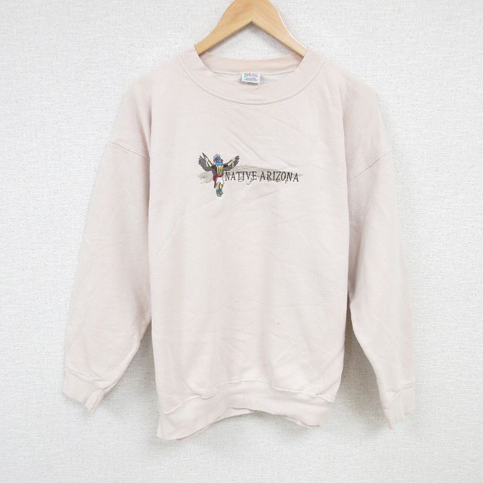 L★古着 長袖 スウェット メンズ 00年代 00s アリゾナ 刺繍 クルーネック 薄ピンク 24sep14 中古 スエット トレーナー トップス