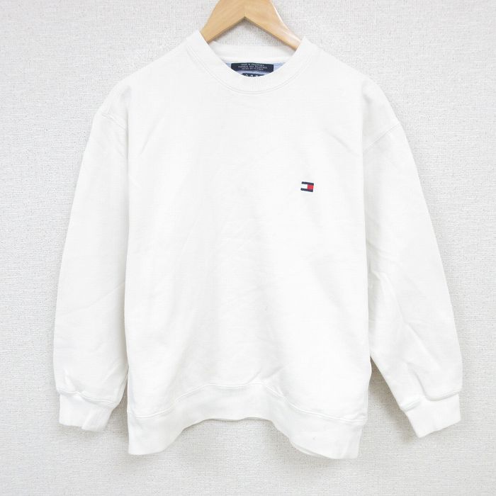 M★古着 トミーヒルフィガー TOMMY HILFIGER 長袖 ブランド スウェット メンズ 90年代 90s ワンポイントロゴ クルーネック 白 ホワイト 24sep14 中古 スエット トレーナー トップス