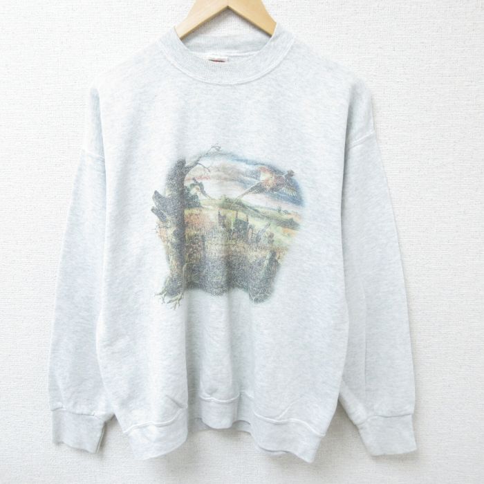 L★古着 フルーツオブザルーム 長袖 スウェット メンズ 00年代 00s 鳥 木 クルーネック 薄グレー 霜降り 24sep10 中古 スエット トレーナー トップス