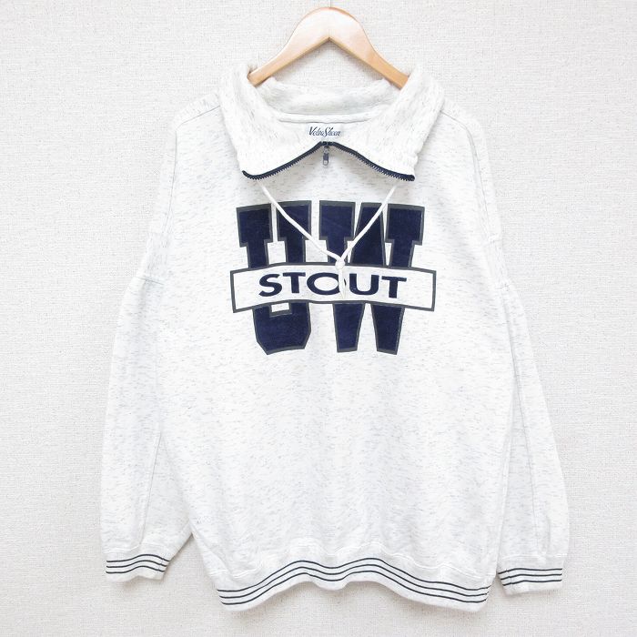 【50%OFF】XL★古着 長袖 ハーフジップ スウェット メンズ ウィスコンシン スタウト フロッキープリント 大きいサイズ 薄グレー 霜降り 24sep13 中古 スエット トレーナー トップス