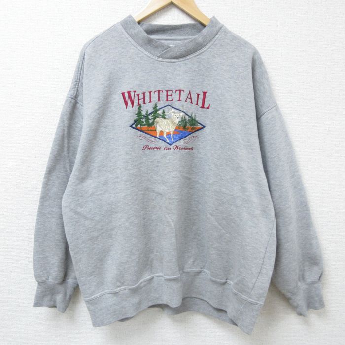 XL★古着 長袖 スウェット メンズ 90年代 90s シカ 刺繍 大きいサイズ クルーネック グレー 霜降り 24sep17 中古 スエット トレーナー トップス
