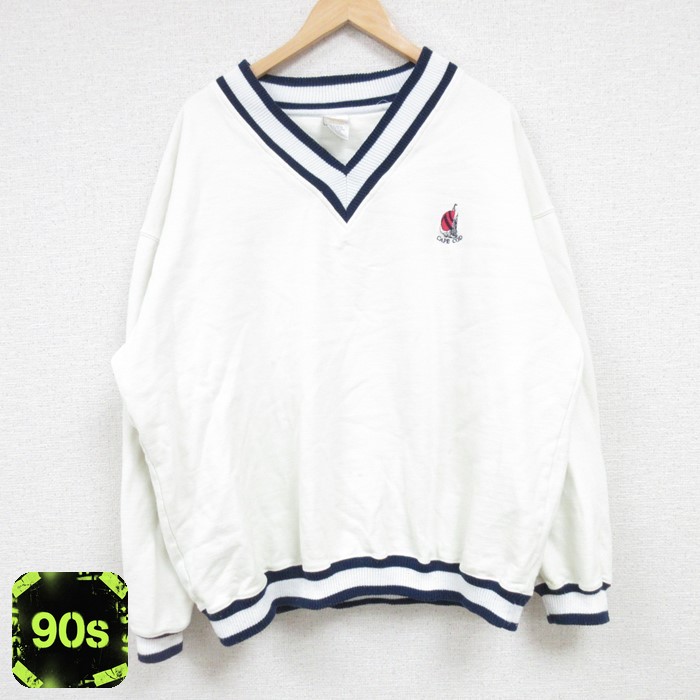 90s 長袖スウェット Vネック ホワイト XL | 古着