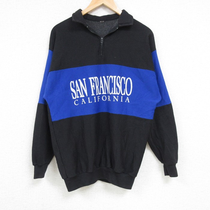 【50%OFF】L★古着 長袖 ハーフジップ スウェット メンズ 90年代 90s サンフランシスコ ツートンカラー 黒他 ブラック 24sep19 中古 スエット トレーナー トップス