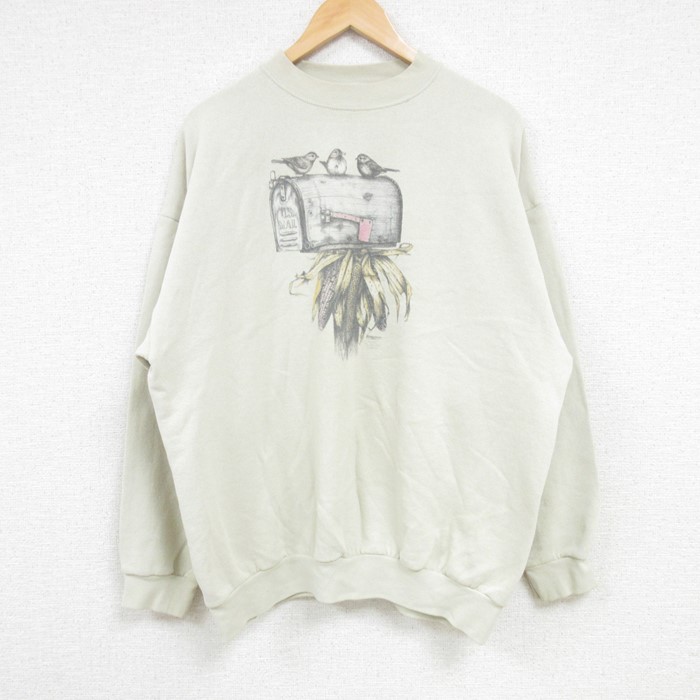 XL★古着 TULTEX 長袖 スウェット メンズ 90年代 90s 鳥 クルーネック 薄ベージュ カーキ 24sep19 中古 スエット トレーナー トップス