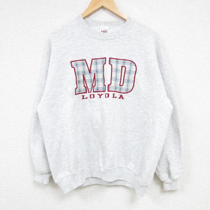 L★古着 長袖 スウェット メンズ 90年代 90s MD 刺繍 クルーネック USA製 グレー 霜降り 24sep19 中古 スエット トレーナー トップス