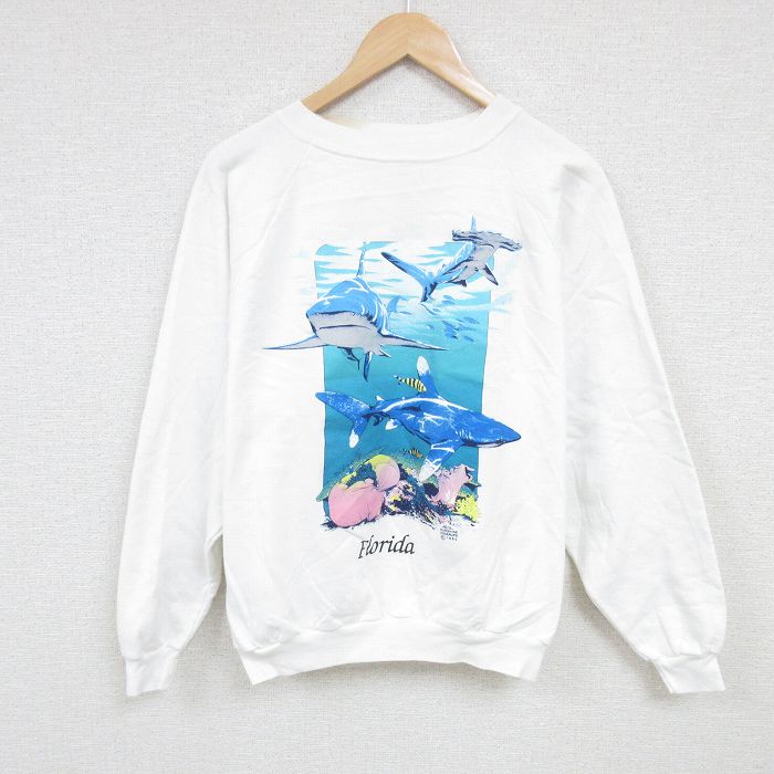 L★古着 長袖 スウェット メンズ 90年代 90s サメ 海 クルーネック USA製 白 ホワイト 24sep24 中古 スエット トレーナー トップス