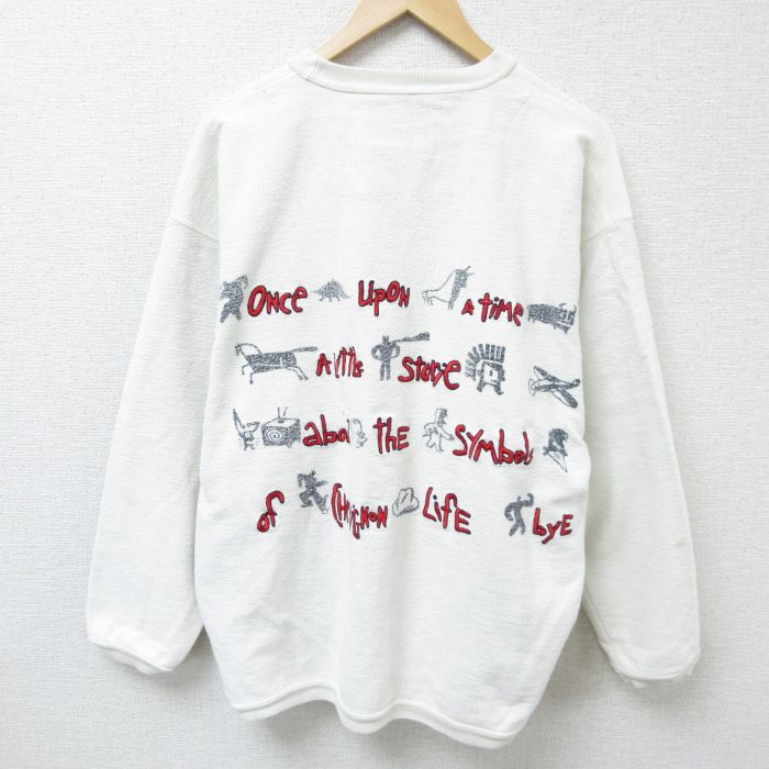 XL★古着 長袖 トップス メンズ 00年代 00s 恐竜 飛行機 刺繍 コットン クルーネック 白 ホワイト 24sep20 中古 スエット トレーナー