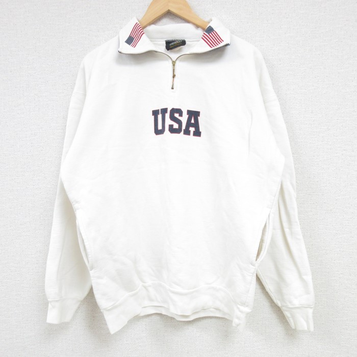 【50%OFF】L★古着 長袖 ハーフジップ スウェット メンズ 00年代 00s USAロゴ 星条旗 白 ホワイト 24sep21 中古 スエット トレーナー トップス