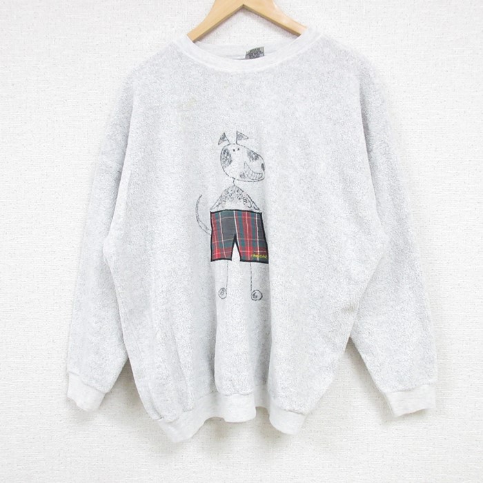 XL★古着 長袖 スウェット メンズ 90年代 90s 犬 表起毛 クルーネック USA製 グレー 24sep21 中古 スエット トレーナー トップス