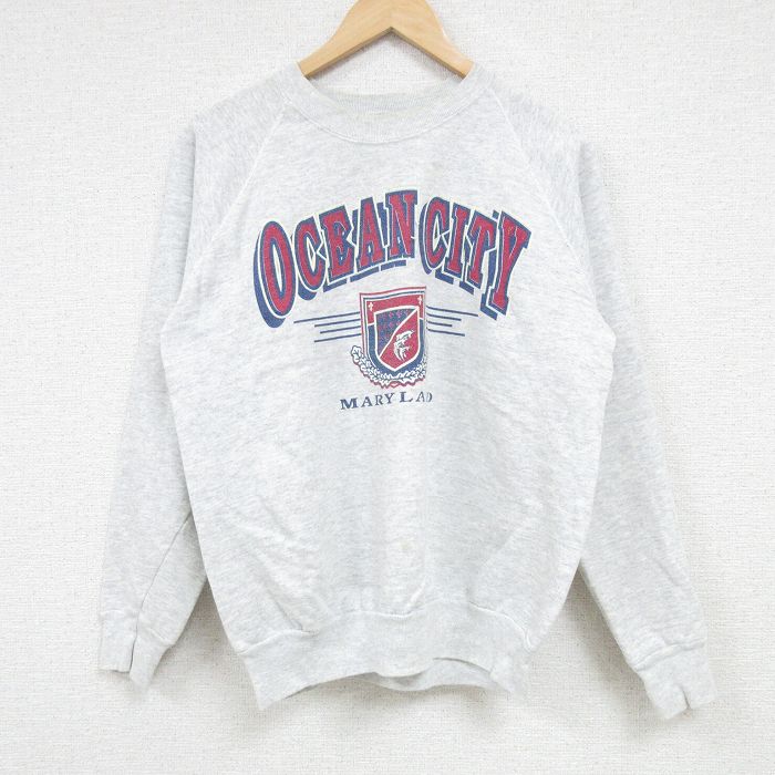 【50%OFF】M★古着 長袖 スウェット メンズ 90年代 90s オーシャンシティー ラグラン クルーネック USA製 グレー 霜降り 24sep21 中古 スエット トレーナー トップス