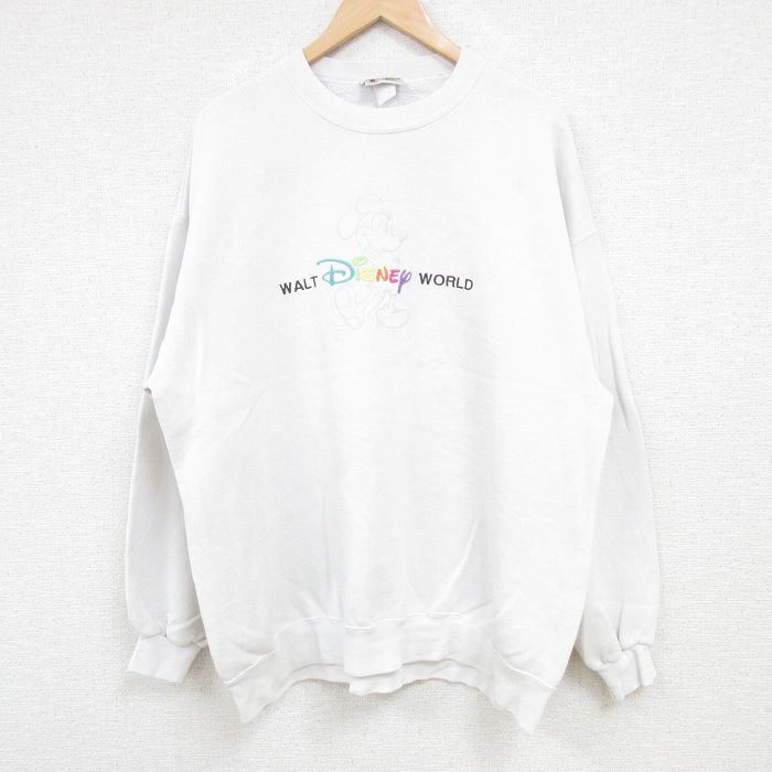 【50%OFF】XL★古着 長袖 スウェット メンズ 00年代 00s ディズニー DISNEY ミッキー MICKEY MOUSE 刺繍 クルーネック 白 ホワイト 24sep24 中古 スエット トレーナー トップス