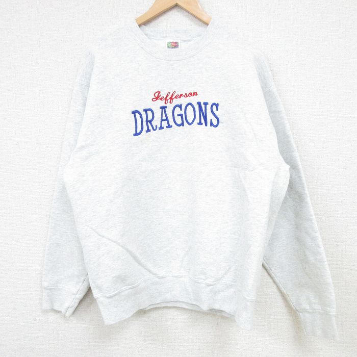 L★古着 フルーツオブザルーム 長袖 スウェット メンズ 00年代 00s Jefferson DRAGONS 刺繍 クルーネック 薄グレー 霜降り 24sep24 中古 スエット トレーナー トップス