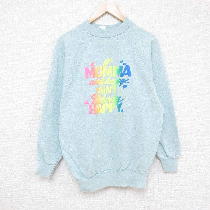 【50%OFF】L★古着 長袖 スウェット メンズ 80年代 80s HAPPY ラグラン モックネック ハイネック USA製 水色 霜降り 24sep27 中古 スエット トレーナー トップス