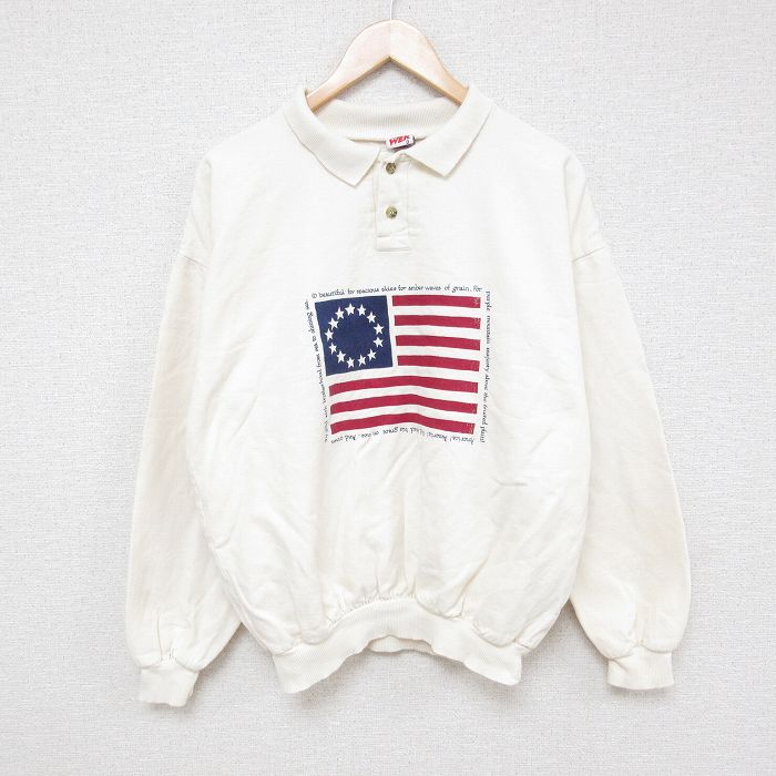XL★古着 WEK 長袖 スウェット メンズ 90年代 90s 星条旗 コットン 襟付き USA製 生成り 24sep27 中古 スエット トレーナー トップス