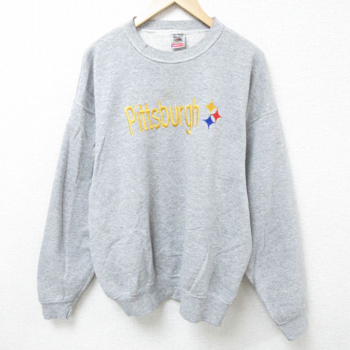 【20%OFF】XL★古着 フルーツオブザルーム 長袖 スウェット メンズ 90年代 90s NFL ピッツバーグスティーラーズ 刺繍 大きいサイズ クルーネック USA製 グレー 霜降り アメフト スーパーボウル 24sep28 中古 スエット トレーナー トップス