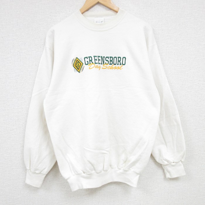 M★古着 長袖 スウェット メンズ 90年代 90s GREENSBORO 刺繍 クルーネック USA製 白 ホワイト 24sep30 中古 スエット トレーナー トップス