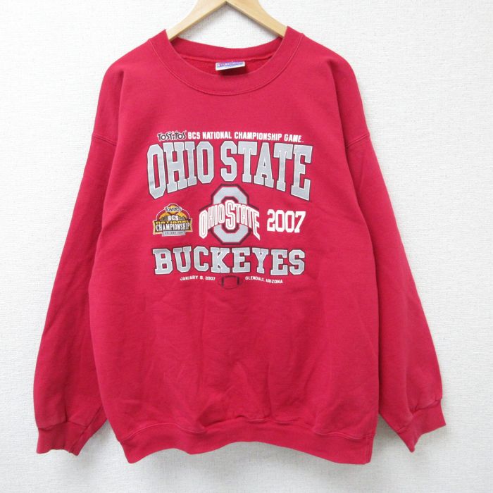 【50%OFF】XL★古着 ヘインズ Hanes 長袖 スウェット メンズ 00年代 00s オハイオ クルーネック 赤 レッド 24sep30 24oct01 中古 スエット トレーナー トップス