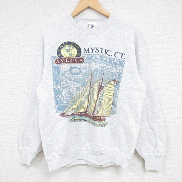 M★古着 長袖 スウェット メンズ 90年代 90s 船 クルーネック USA製 薄グレー 霜降り 24oct02 中古 スエット トレーナー トップス