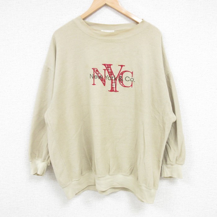 XL★古着 長袖 スウェット メンズ 00年代 00s NYC 刺繍 表起毛 クルーネック ベージュ カーキ 【spe】 24oct02 中古 スエット トレーナー トップス