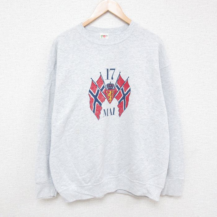 XL★古着 フルーツオブザルーム 長袖 スウェット メンズ 00年代 00s 国旗 クルーネック グレー 霜降り 24oct02 中古 スエット トレーナー トップス
