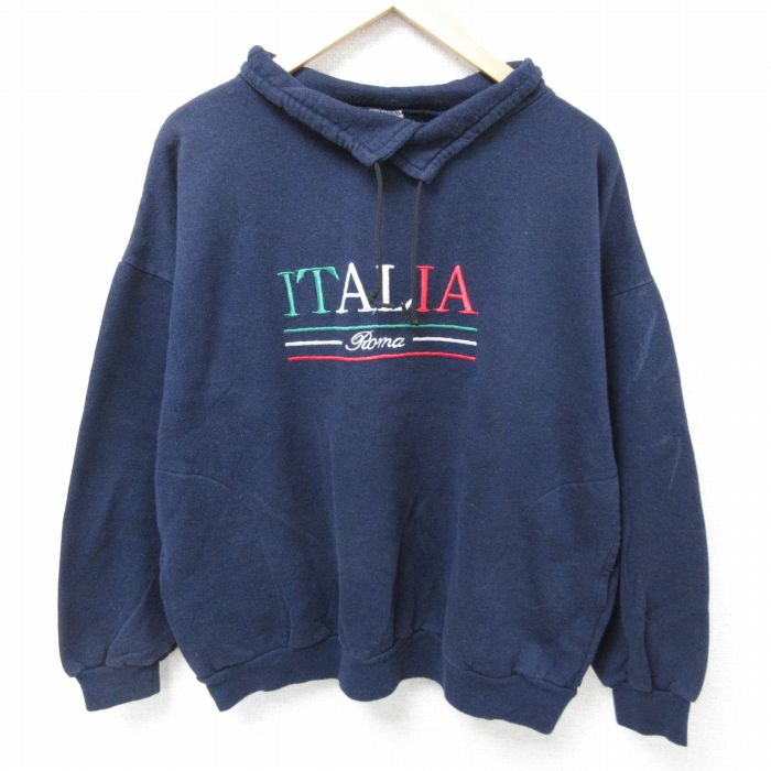 XL★古着 長袖 スウェット メンズ 00年代 00s イタリア 刺繍 大きいサイズ 襟付き イタリア製 紺 ネイビー 24oct03 中古 スエット トレーナー トップス